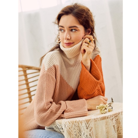Colorblock Trutleneck Sweater Orange Beige - Picture 7 of 16